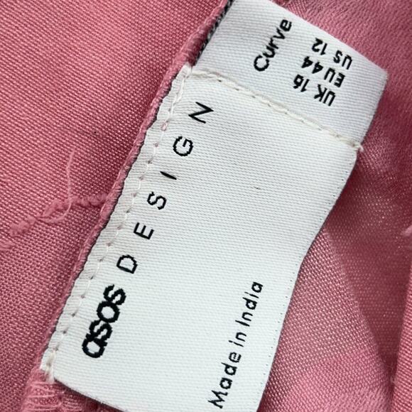 ASOS Design Curve Pink Long Sleeve Ruffle Tie Front Ruched Mini Dress 12 - Picture 7 of 8